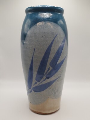 Art Pottery Stoneware Vase Blue Leaves Salt Glaze Artist Signed 10.5 ...