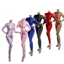 Women One-piece Shiny Smooth Jumpsuit Long Sleeves Leotard Bodysuit Lingerie