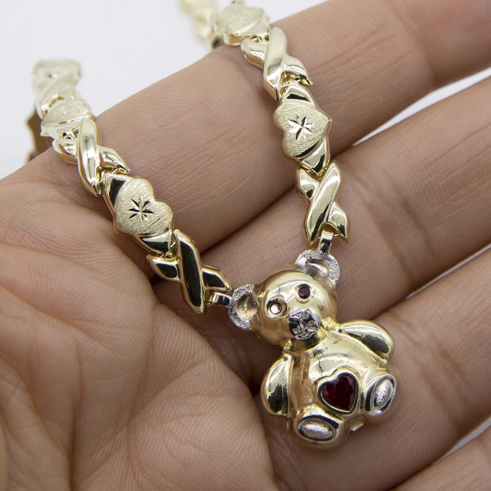 Diamond Cut Heart & Kisses Teddy Bear Necklace Real 10K Yellow White Gold