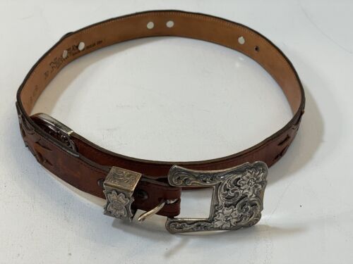 Nocona Belt 30 Women Leather Etched Overlays Silvery Oval Etched Disc & Buckle.  - Picture 1 of 10