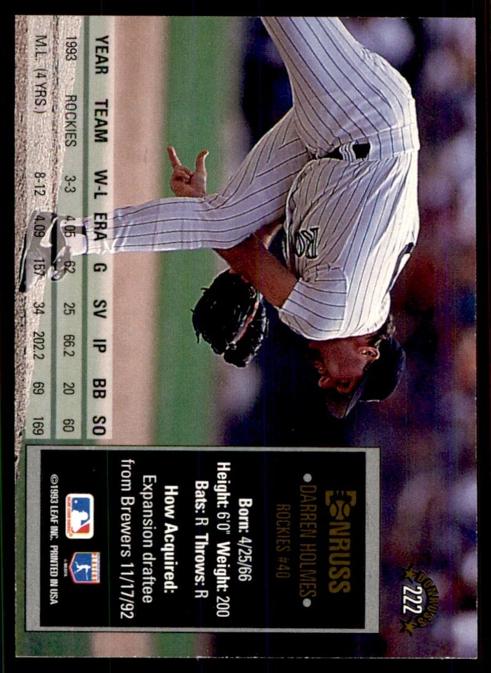 1994 Donruss Darren Holmes Colorado Rockies #222 - Image 2 of 2