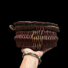 Handwoven Wicker Storage Basket With Lid & Handles - Rustic Brown & Gold Accents