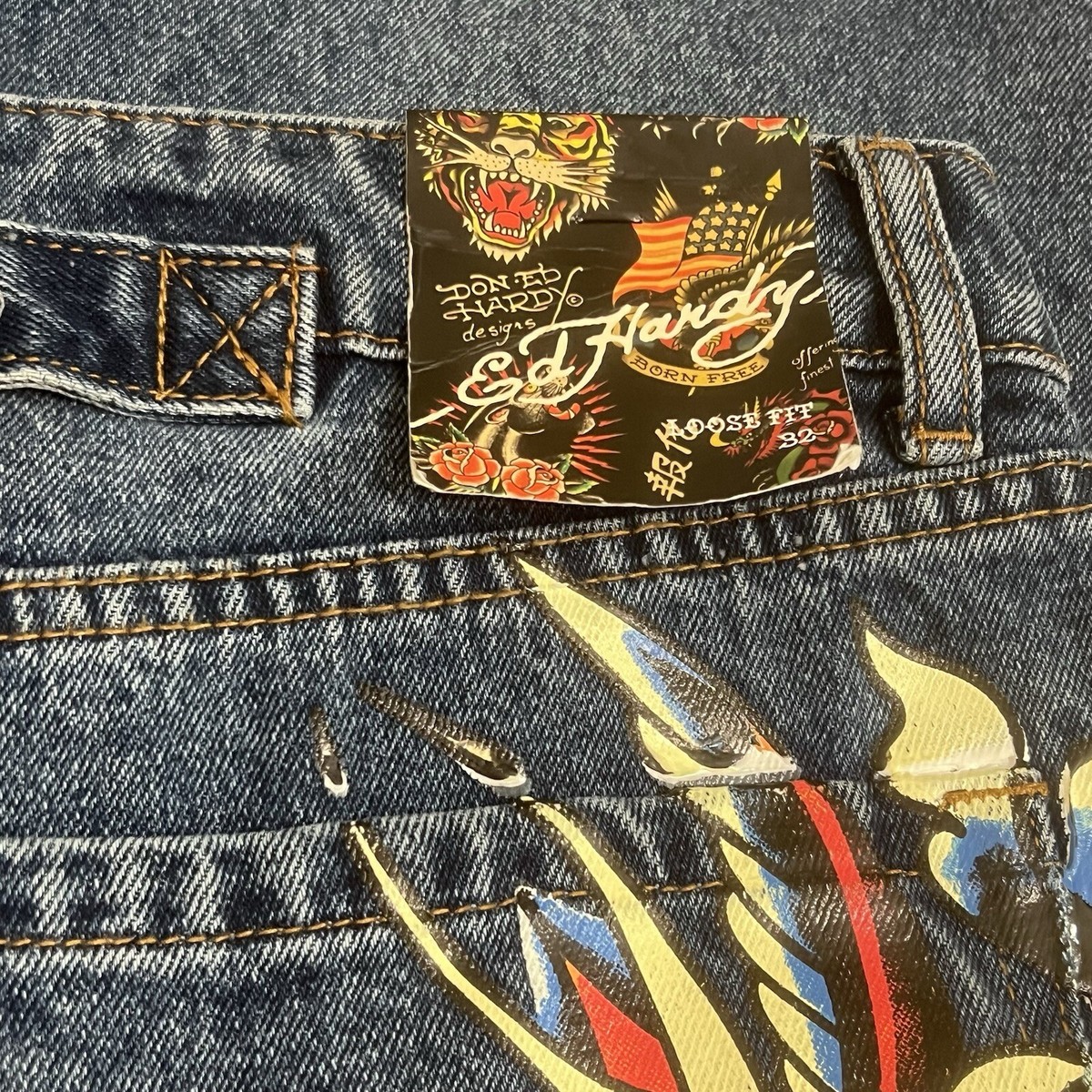 Ed Hardy Womens Denim Jeans Baggy Wide Leg Born Free Birds Y2K