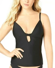 Bar III Swimwear Tankini Top Black Size Medium Plunging V-Neck $58 NWT