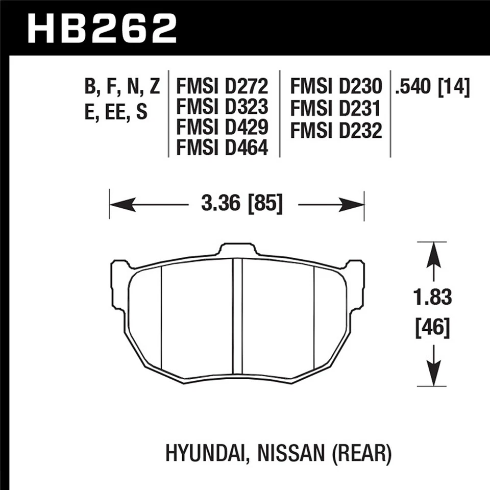 Pastillas de freno traseras Hawk HB262F.540 HPS para 84-89 300ZX / 85-90 Máxima / 89-98 240SX Foto 2 de 4