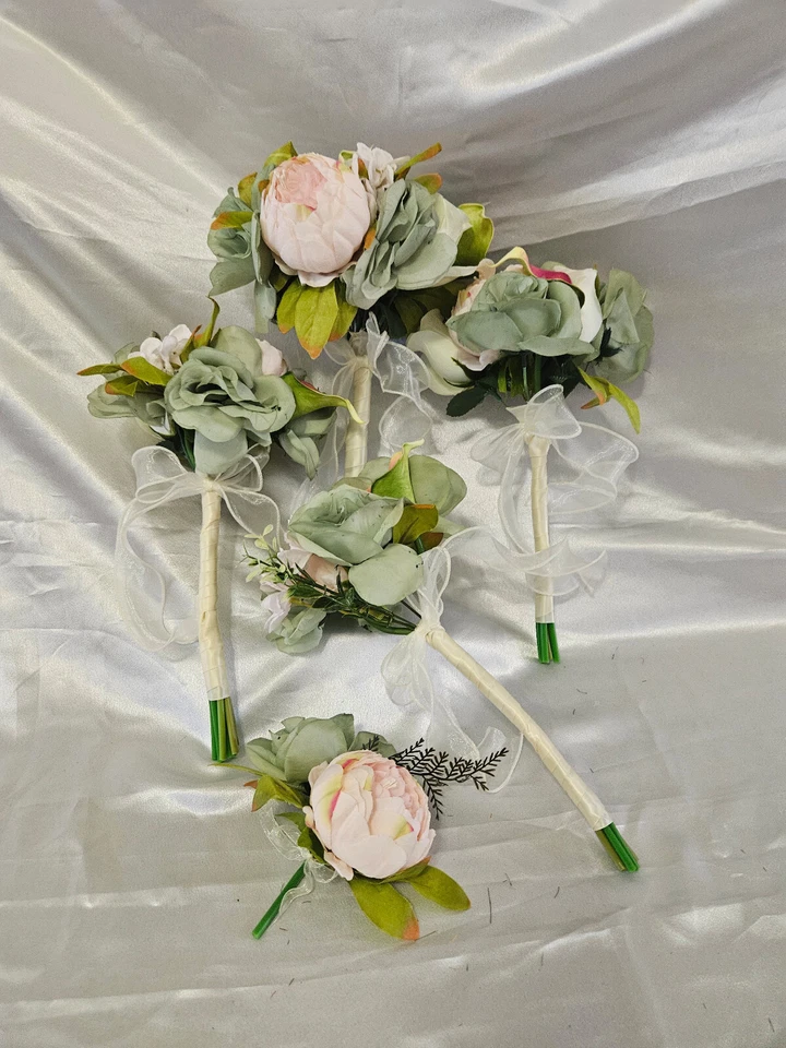 Rosa, crema, verde, juego de ramo de boda, paquete de boda romántico vintage Foto 3 de 4