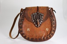 VTG 70s Hand Tooled Leather Hand-Painted Floral Hippie Festival Saddle Bag aa