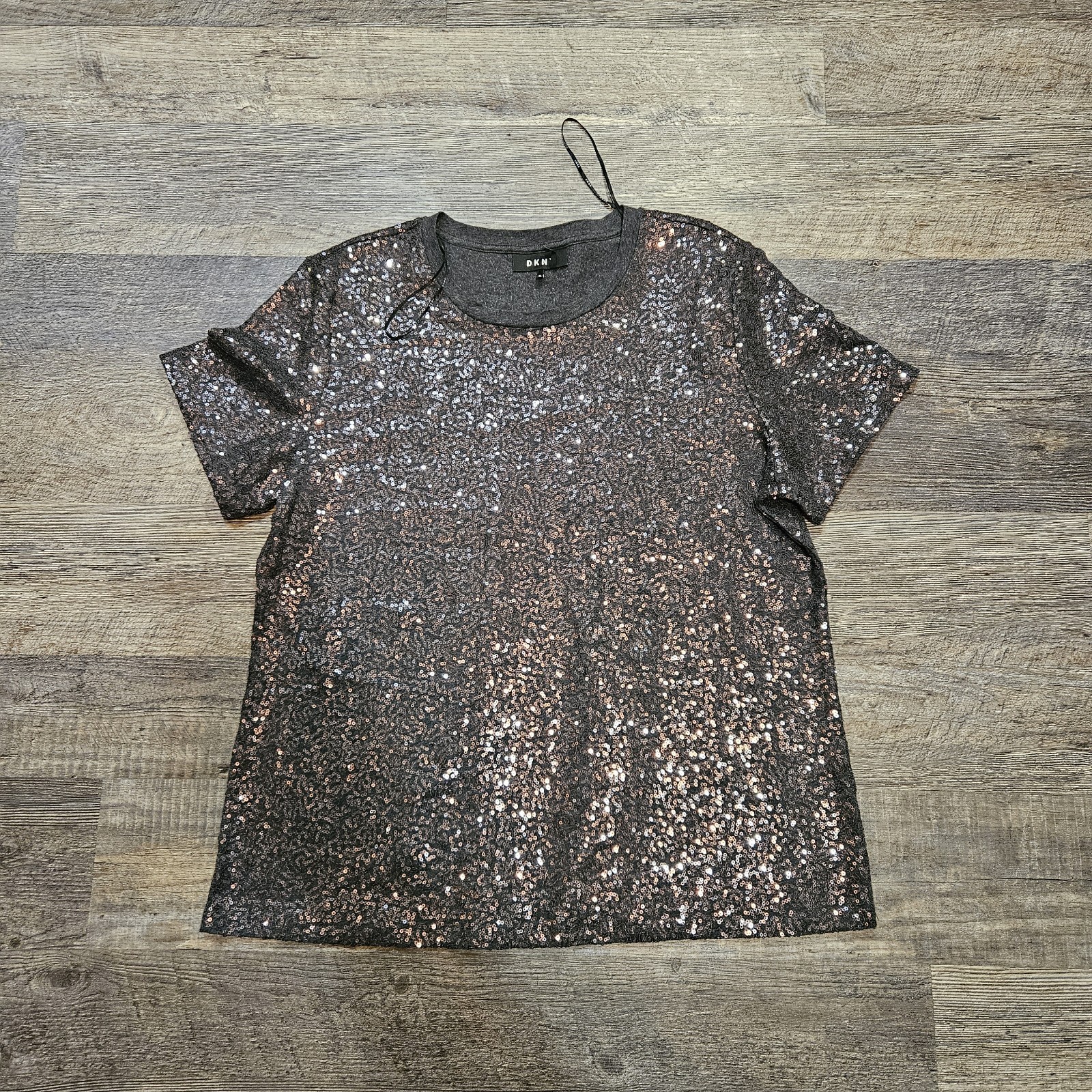 DKNY Black Sequin Short Sleeve Top Shimmering Women Size XL...NEW