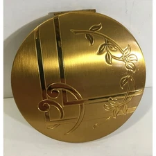 Vintage Ladies Compact - Compacts by Ritz - Gold Colored Lines & Leaf Pattern (1