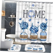 4 PCS Hydrangea Shower Curtain Sets,Home Sweet Bathroom Set with Shower Blue