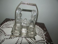 Art Deco Menage Glas - Metall - Essig Öl Senf Salz Pfeffer Gewürz Set
