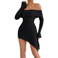 Women Off Shoulder Mini Dress Asymmetrical Ruched Drawstring Party Clubwear