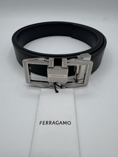 Salvatore Ferragamo Men  s Adjustable Reversible Black/Blue Leather Ganchini Belt