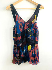 Boho Chic French Connection Abstract Print Chiffon Top Black Satin Detail