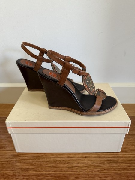 Hugo Boss Holly Wedge Heel - Brown Print - Sz38 - Leather - Made In Italy