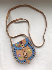 Hand Tooled Small Child  s Purse Cozumel Mexico Leather Long Strap Flowers