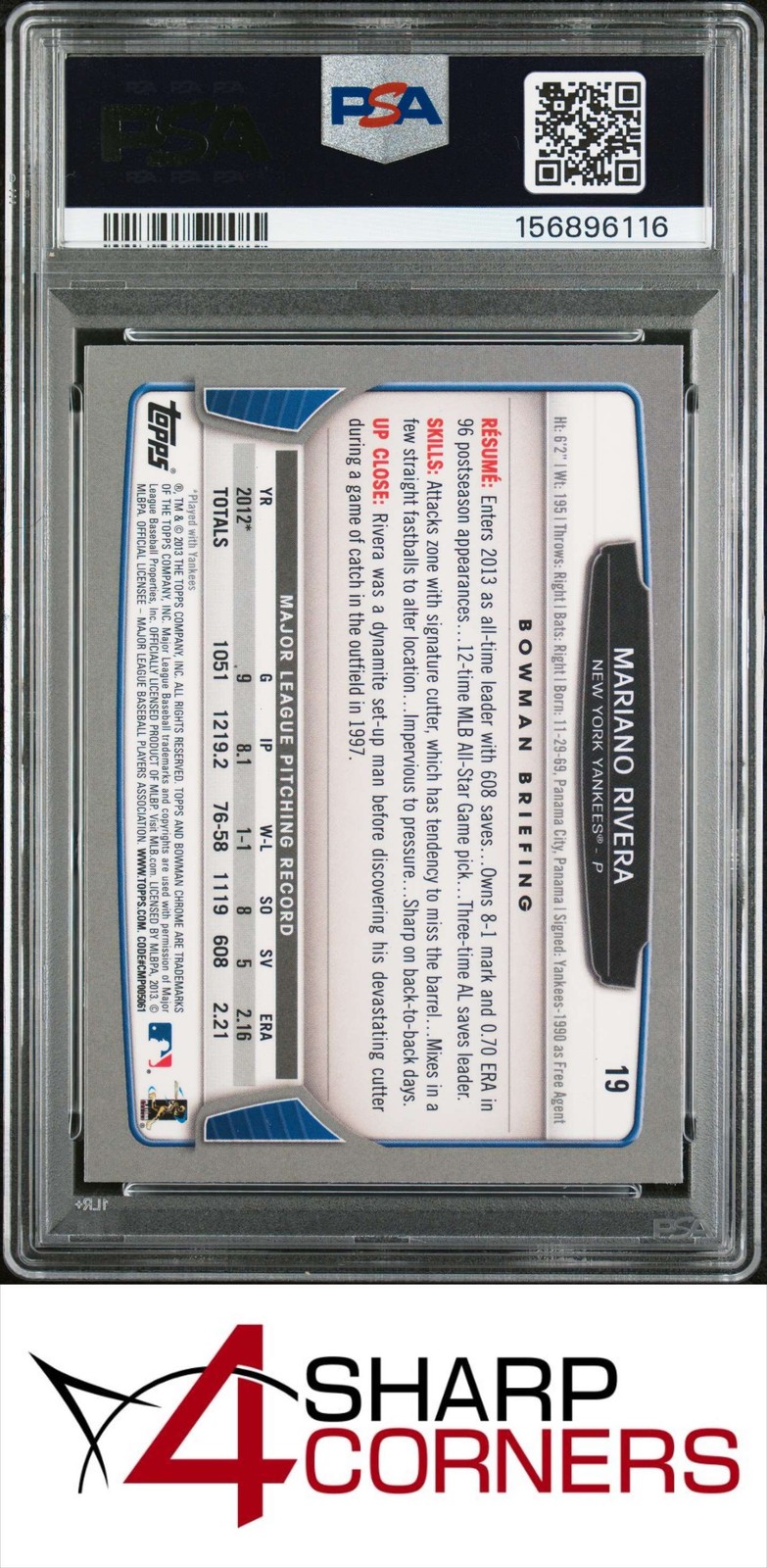 2013 BOWMAN CHROME #19 MARIANO RIVERA YANKEES HOF PSA 10 view 2