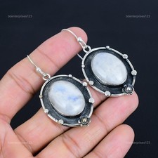 Rainbow Moonstone Gemstone Sterling Silver Drop Ethnic Birthday Earrings Jewelry