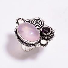 925 Sterling Silver Natural Rose Quartz Amethyst Gemstone Handmade Ring 7.5 US