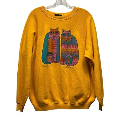 Vintage Laurel Burch Sweatshirt Womens L/XL Yellow Rainbow Cat Cousins USA 90s