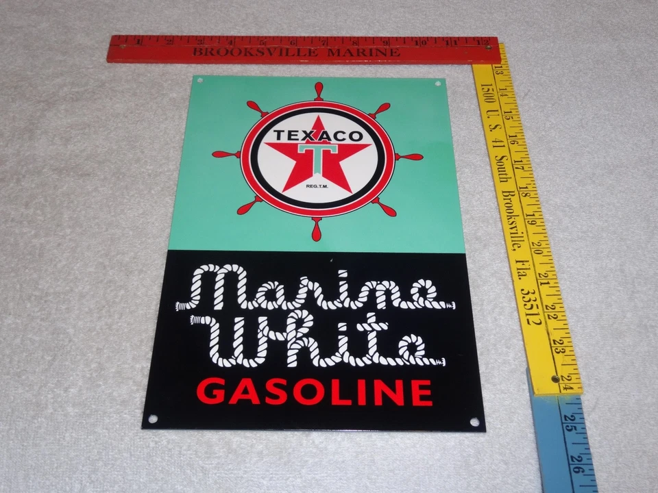 VINTAGE "TEXACO MARINE WHITE GASOLINE" NAVIO RODA 12" PLACA BOMBA DE ÓLEO DE METAL - Imagem 2 de 4