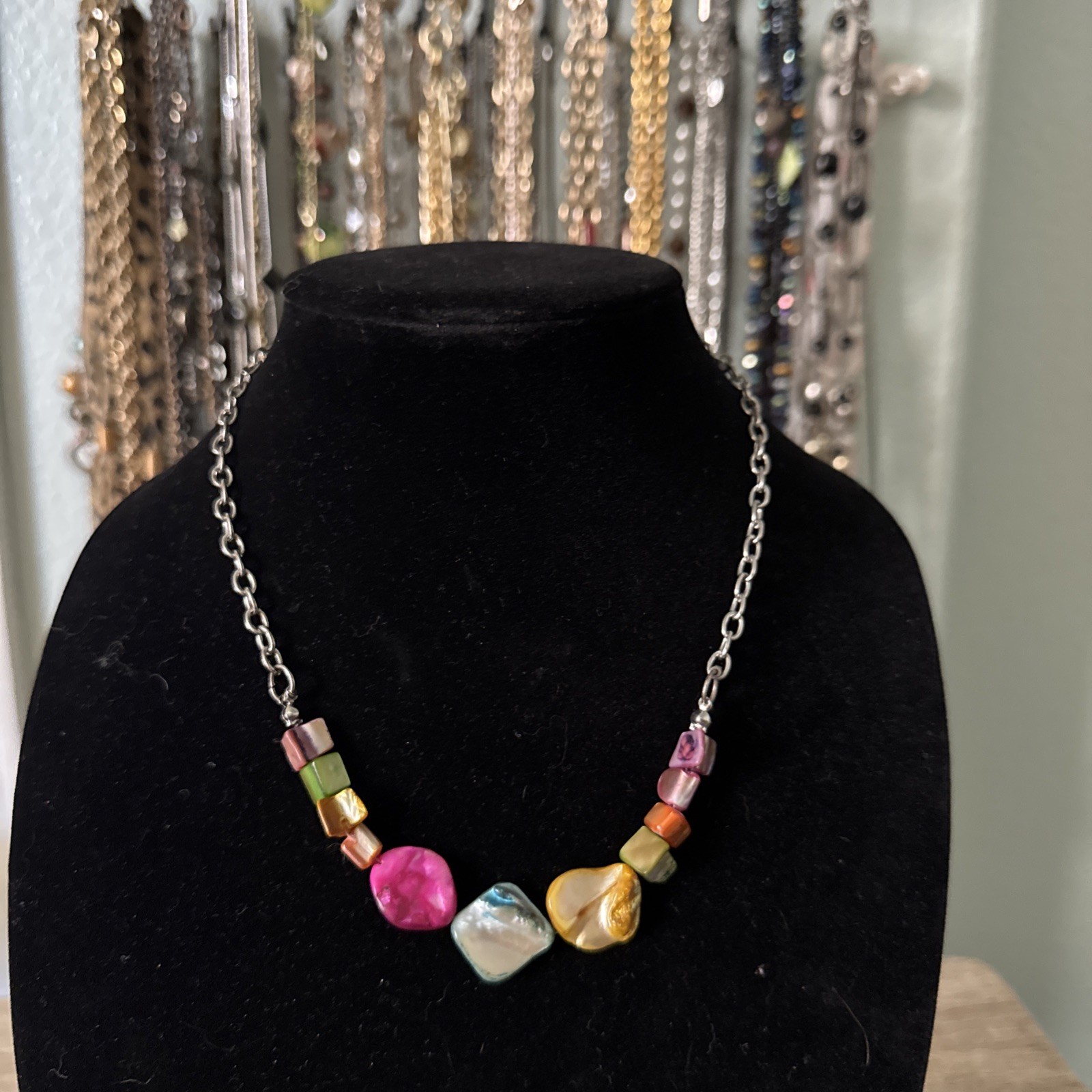 Colorful Multi Faux Stone Beaded Necklace on Silver Chain