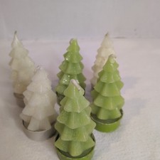 6 Vintage Christmas Tree Shaped Candles Green White 3.5" Never Burned Unscented