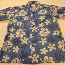 Go Barefoot Mens Hawaiian Shirt Medium Blue Hibiscus Floral Cotton Made in USA