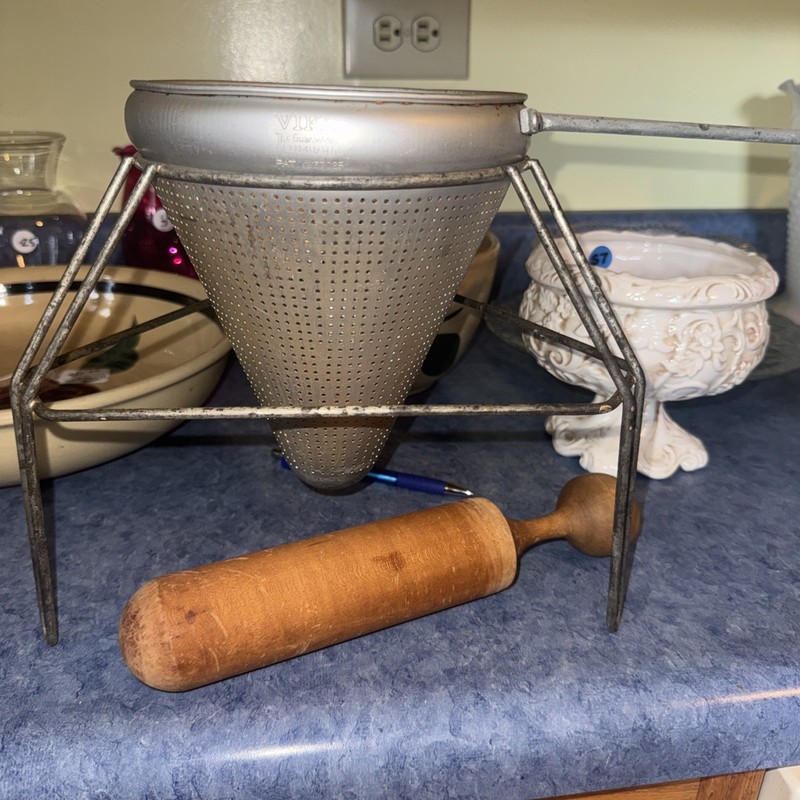Vintage Aluminum Food Mill Cone Sieve Colander  With Wood Pestle & Stand