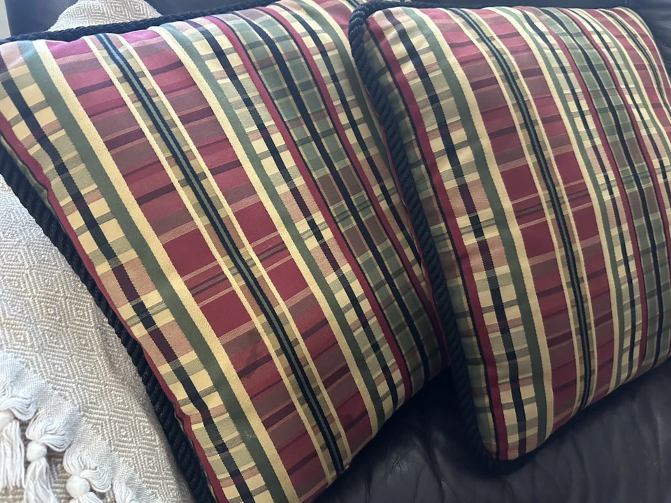2 ( Pair) Custom Plaid Burgundy Green Black Red Tan Pillows Ralph Lauren Style - Image 2 of 4