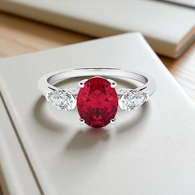 1.90 Ct Oval Red Ruby Gemstone & Lab Grown Diamond Wedding Ring 18K White Gold