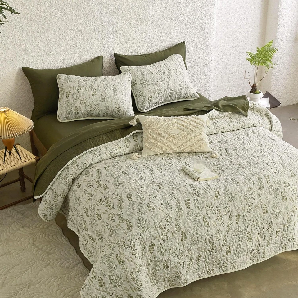 Juego de edredón floral doble XL verde cottagecore colcha cubrecama 3 piezas ropa de cama Foto 3 de 4