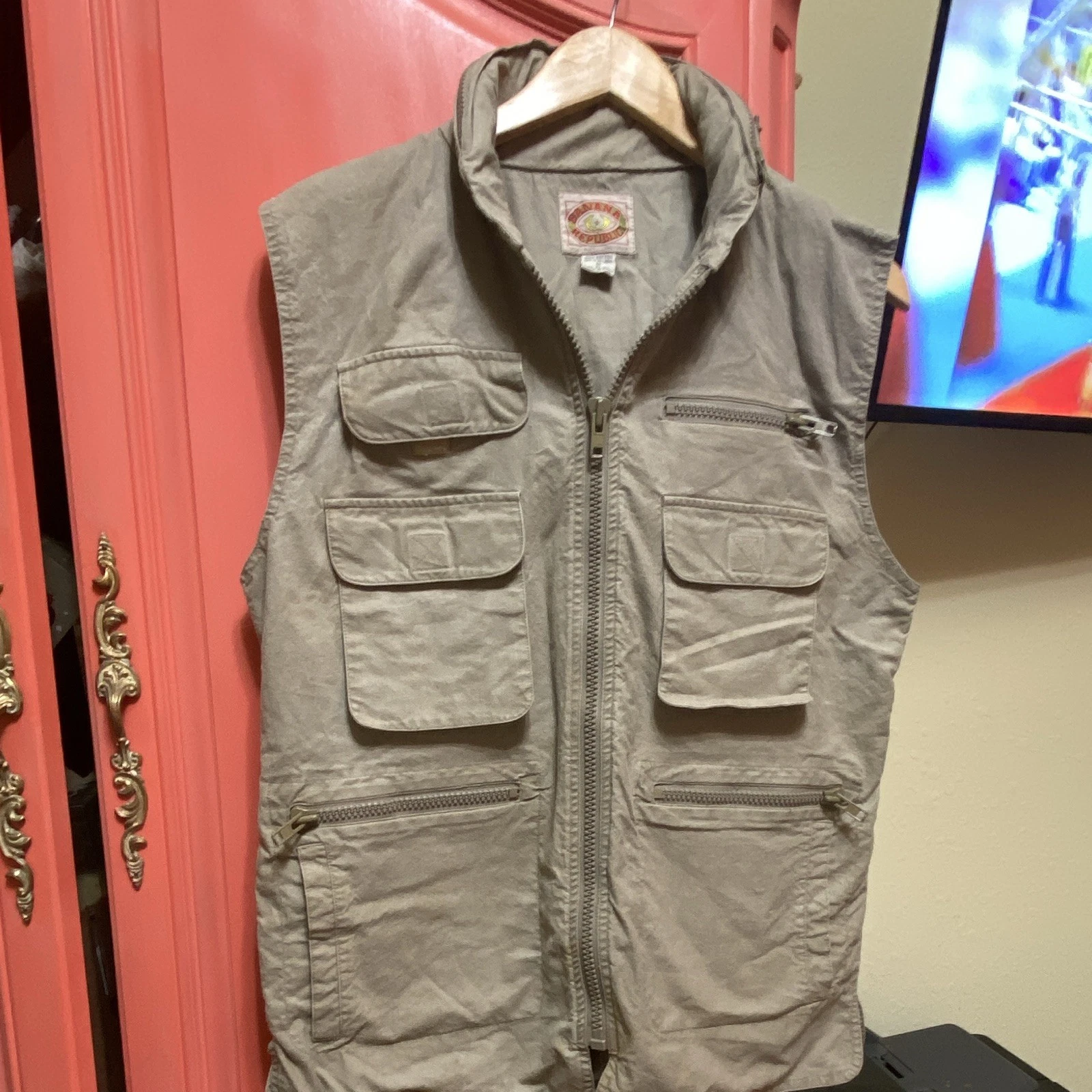 Banana Republic Men's Utility Vest Beige M Hooded Zip Pockets Stand-Up Collar