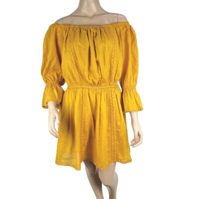 Tularosa Revolve Luna Off Shoulder Mini Dress LARGE Yellow Marigold  Embroidered | eBay