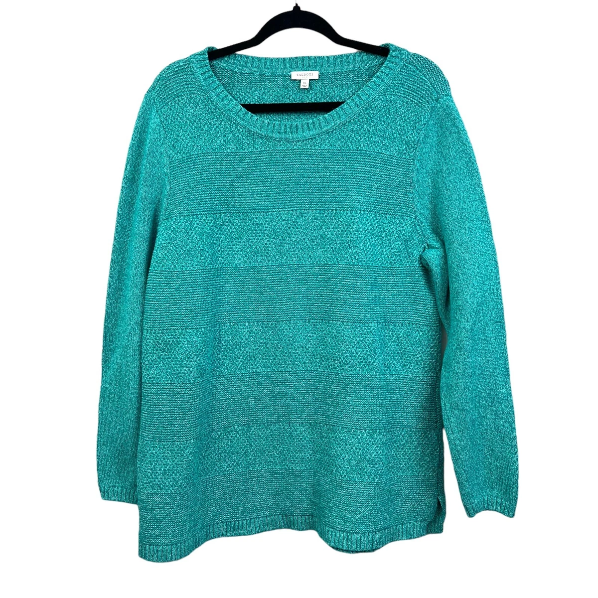 Talbots Knit Tunic Sweater Cotton Round Neck Slit Side Teal Green