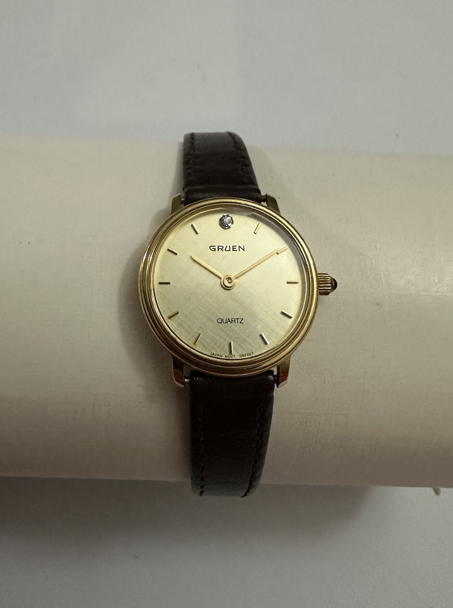Vintage Gruen Diamond Quartz Womens Watch 236-Y568 Gold Tone