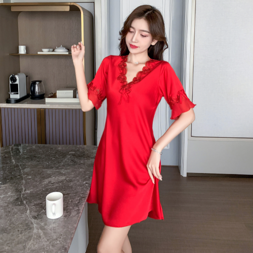 Women Nightdress Short Sleeve V Neck Lace Satin Dress Lounge Sleepwear Lingerie - Bild 1 von 18