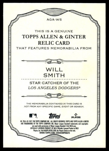 2021 Topps Allen & Ginter Full-Size Relics B Will Smith Los Angeles Dodgers - Picture 2 of 2