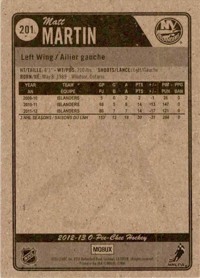 2012-13 O-Pee-Chee Matt Martin #201 - Image 2 of 2