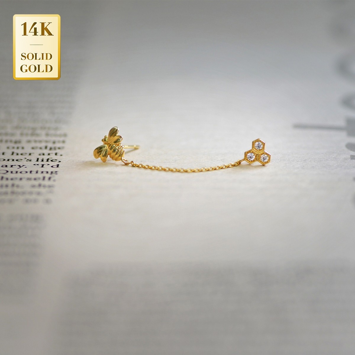 14K REAL Solid Gold Cubic Zirconia Bee-Hex Chain Stud