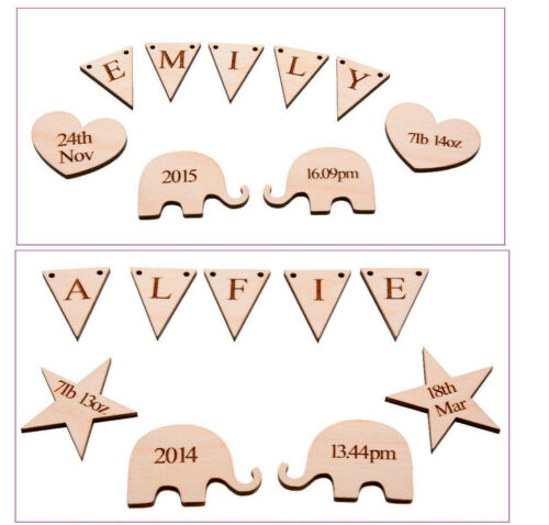 Wooden Baby Details on Elephants Hearts or Stars with Bunting Personalised Set  - Afbeelding 1 van 9