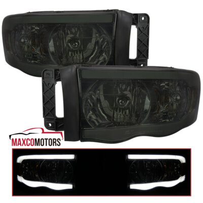 Smoke LED Tube Headlights Fits 2002-2005 Dodge Ram 1500 2500 3500 Headlamps L+R