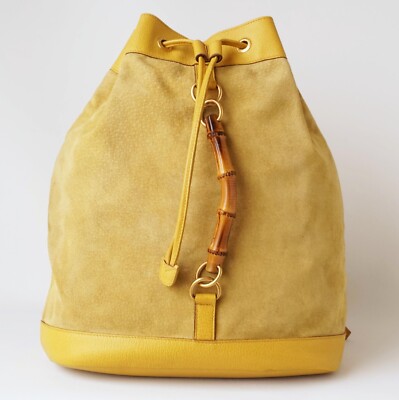 Auth GUCCI Yellow Suede Leather Bamboo Backpack,Drawstring  display picture 1