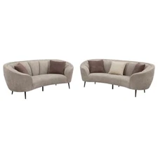 2 PC CURVY BEIGE FABRIC UPHOLSTERED SOFA LOVESEAT LIVING ROOM FURNITURE SET
