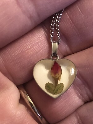 Stunning Signed MFX  Italian Sterling Silver Necklace W REAL ROSE Glass Pendant