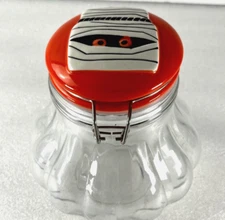 Halloween Mummy Candy Jar Orange Lid Clear Glass Wire Pull Down Holiday Home