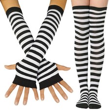 Women Striped Knee High Socks Arm Warmer Fingerless Gloves Set for Party Costume