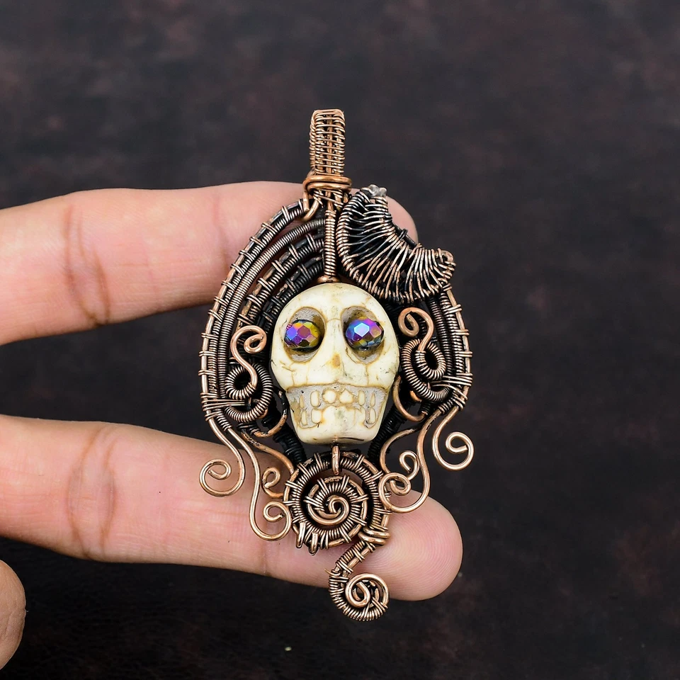Howlite Copper Friend Gift Wire Wrapped And Skull Face Pendant 3.23" - Image 2 of 4