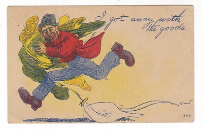 1909 BRUNING NEBRASKA COMIC GOT AWAY WITH GOODS VINTAGE POSTCARD NE HEDRICK IOWA