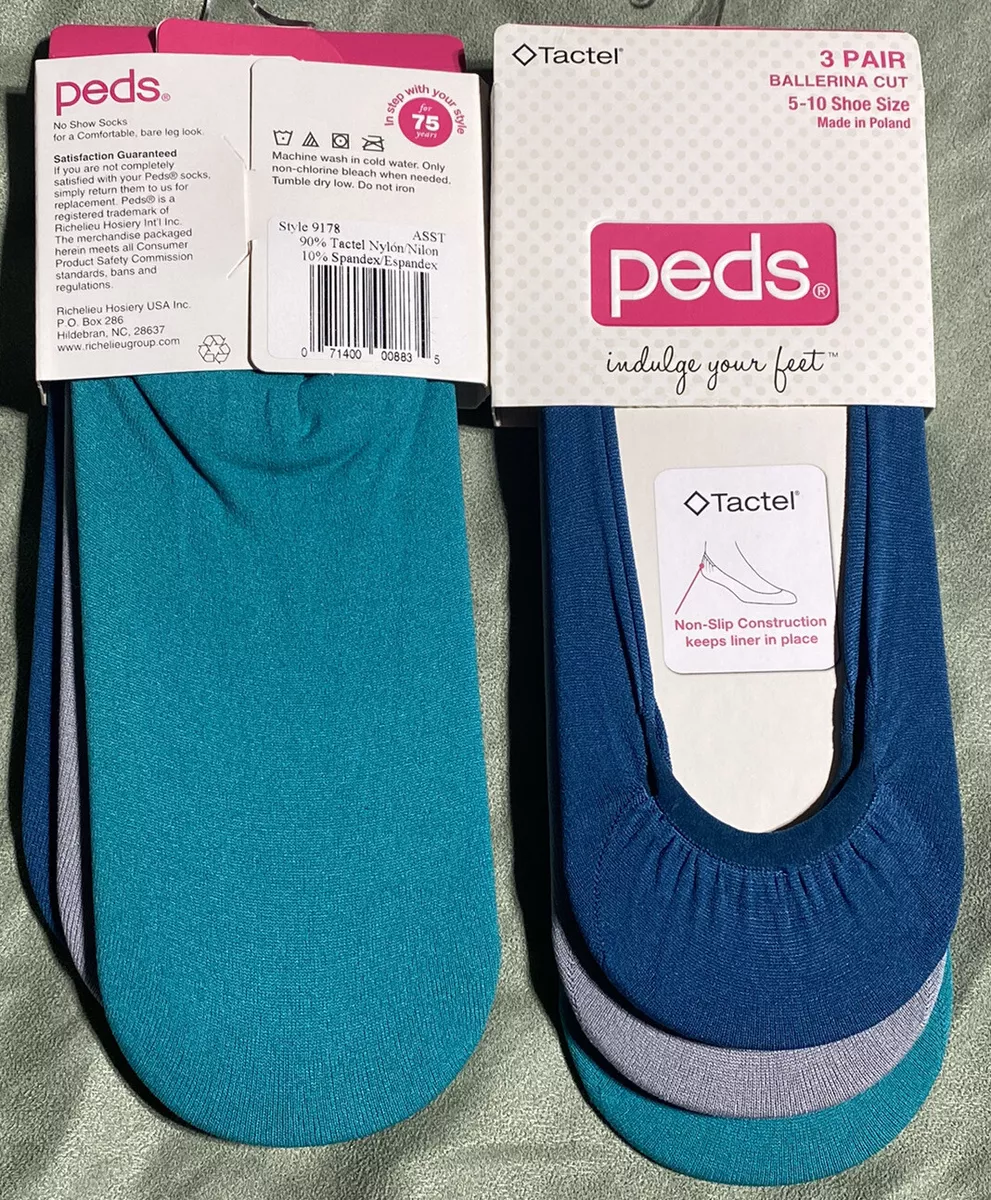 6 Pair Peds Ballerina Cut No Show Socks. Size 5-10 Teal, Gray And Blue  Pairs New